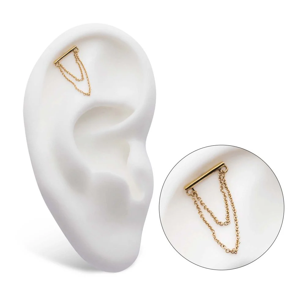 14Kt Gold Threadless Bar Top with 2-Tier Chain Dangle - Image 5