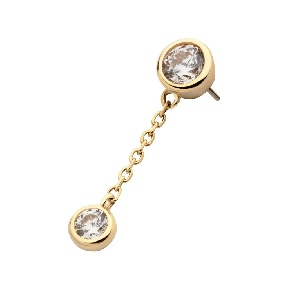 14Kt Gold Threadless Double Bezel Set Round CZ with Dangle Chain Top - Image 3