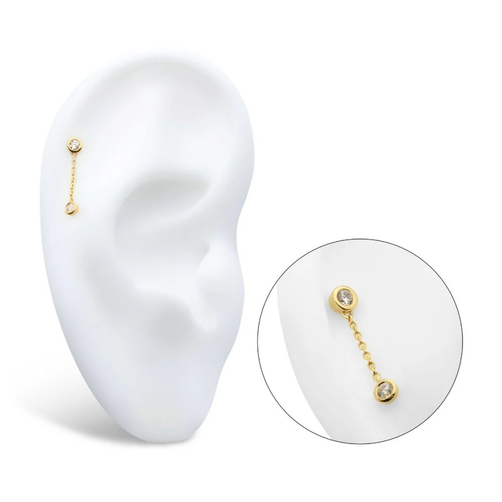 14Kt Gold Threadless Double Bezel Set Round CZ with Dangle Chain Top - Image 5