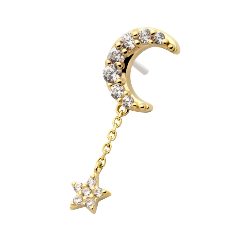 14Kt Gold Threadless Pave Set CZ Crescent Moon Top with Pave Set CZ Star Dangle Chain - Image 3