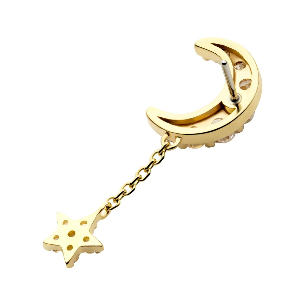 14Kt Gold Threadless Pave Set CZ Crescent Moon Top with Pave Set CZ Star Dangle Chain - Image 4