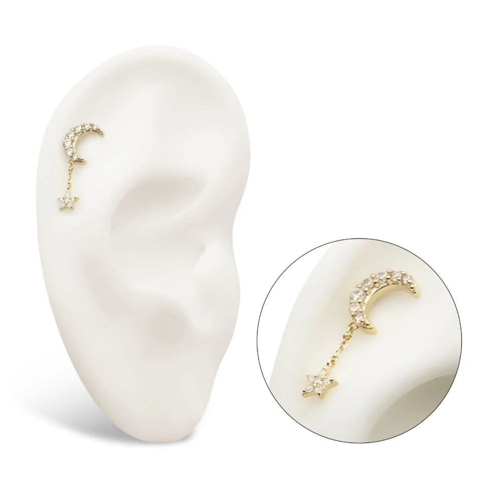 14Kt Gold Threadless Pave Set CZ Crescent Moon Top with Pave Set CZ Star Dangle Chain - Image 5