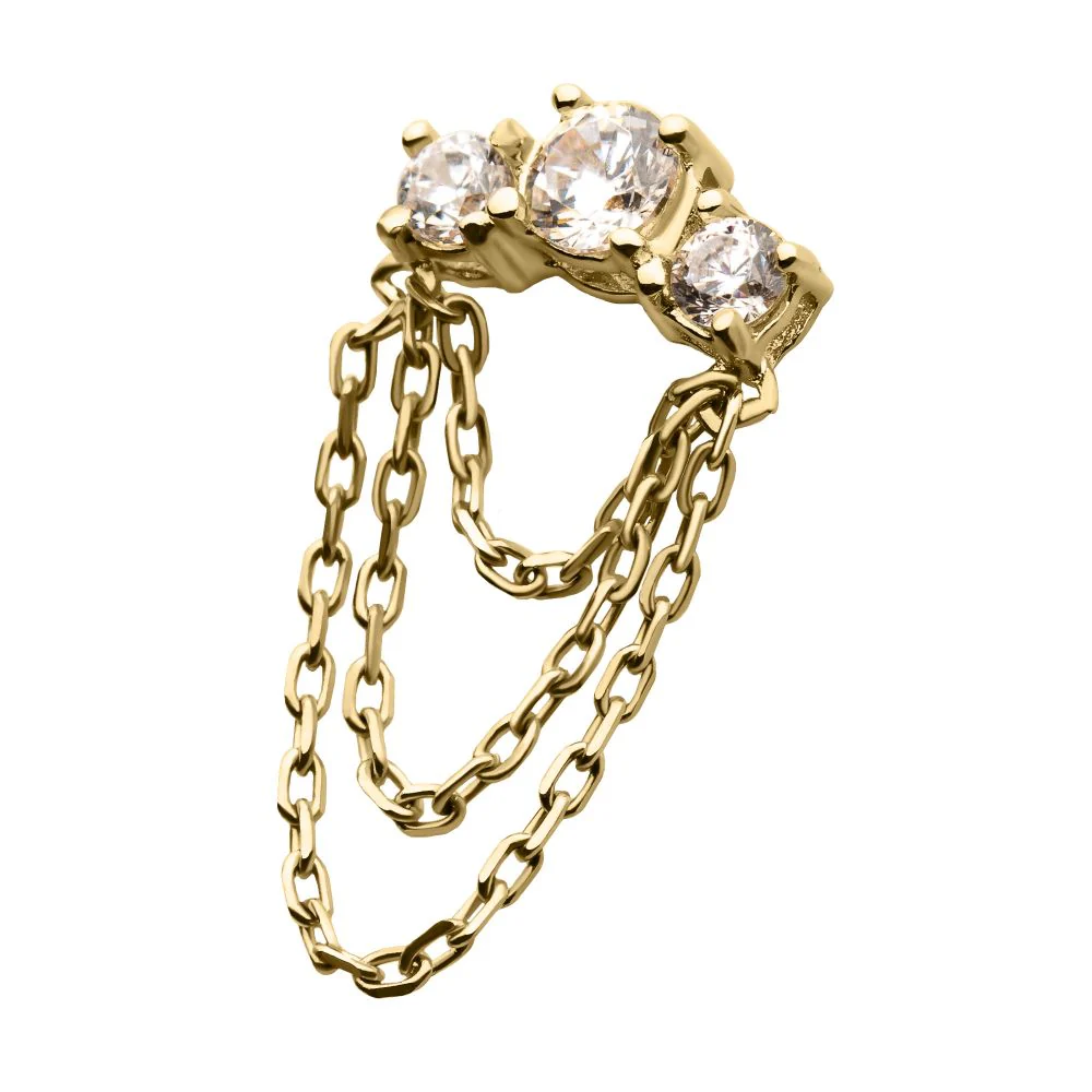 14Kt-Gold Threadless Threadless 3-Cluster Prong Set Gem Top with 3-Tier Dangle Chain - Image 3