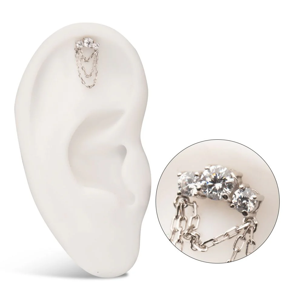 14Kt-Gold Threadless Threadless 3-Cluster Prong Set Gem Top with 3-Tier Dangle Chain - Image 5