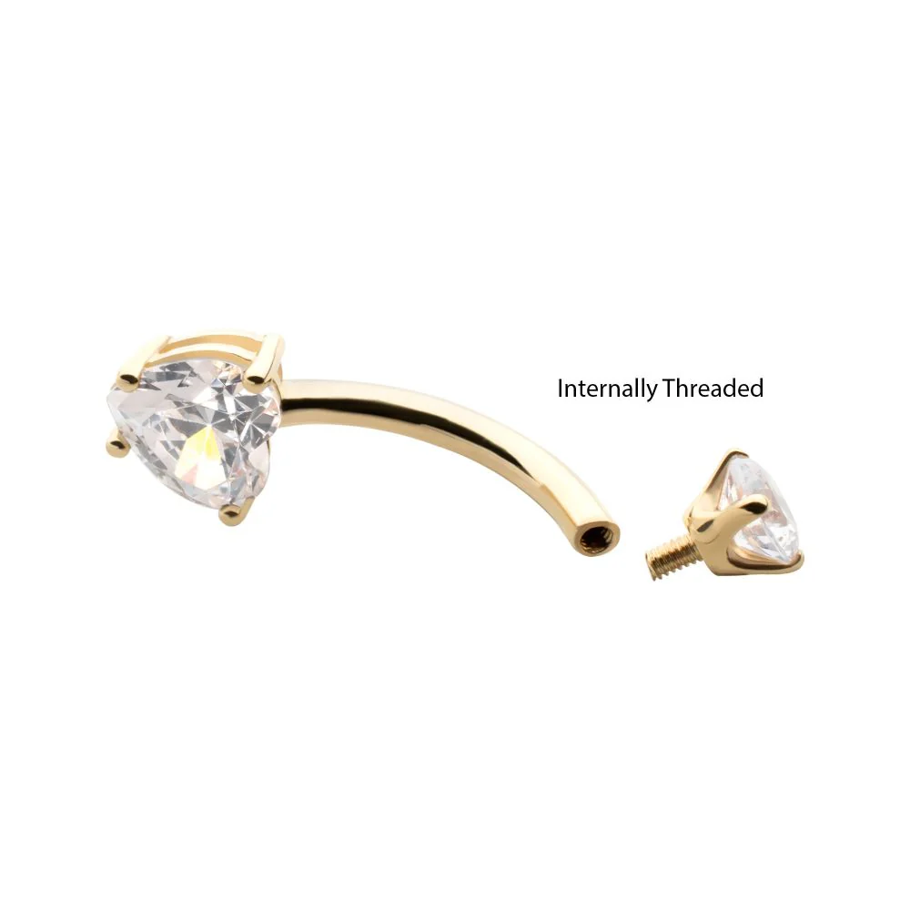 14Kt-Gold Internally Threaded 4-Prong Round & Heart Clear CZ Fixed Bottom Navel - Image 3