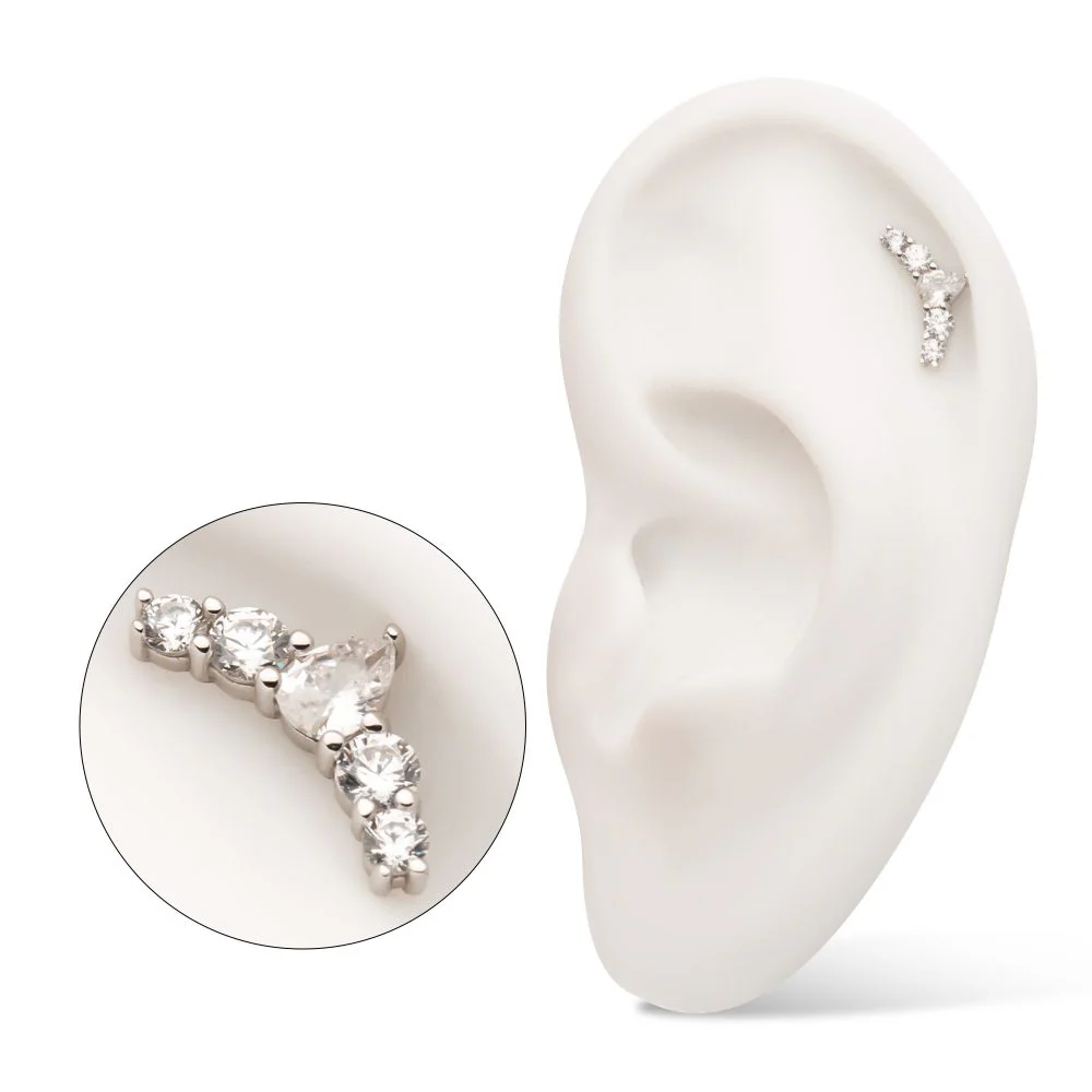 14Kt White Gold Threadless Curved Bar Top with Round & Teadrop Gem Cluster - Image 3