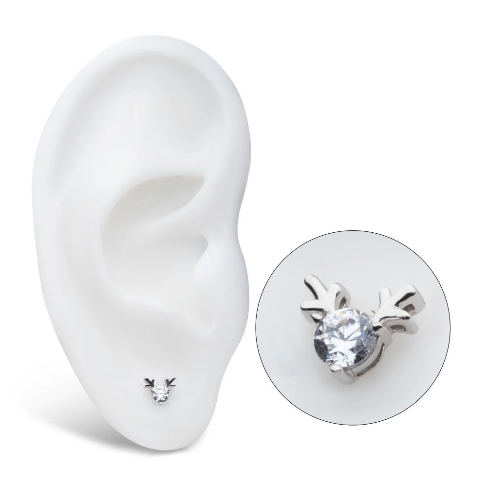 14Kt White Gold Threadless Prong Set 3mm Clear CZ Reindeer Top - Image 4