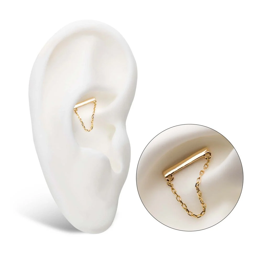 14Kt Yellow Gold Threadless Bar Top with Dangling Chain - Image 3