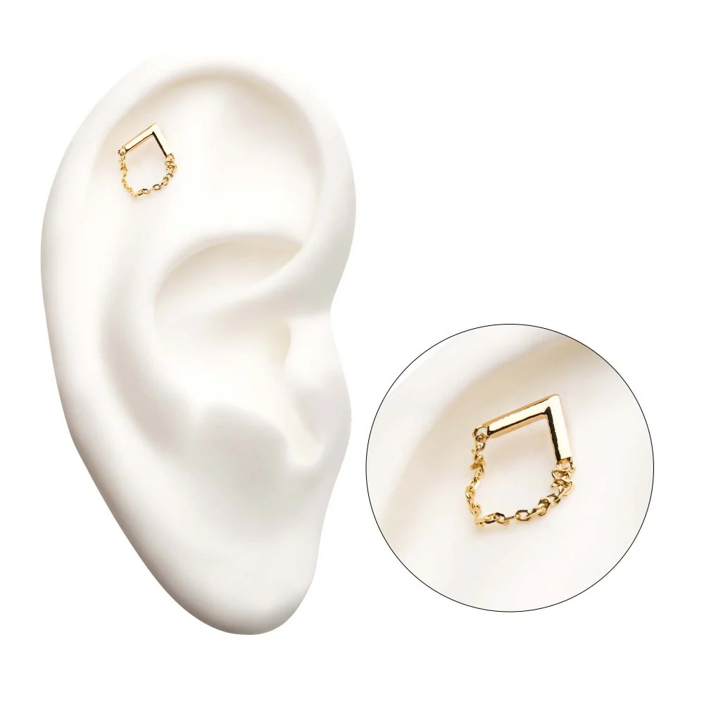 14Kt Yellow Gold Threadless Chevron Top with Dangling Chain - Image 3