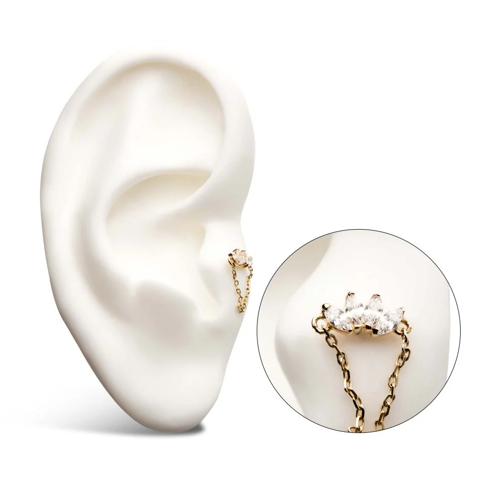 14Kt Yellow Gold Threadless Prong Set 4 Clear CZ Marquise Top with Dangling Chain - Image 3