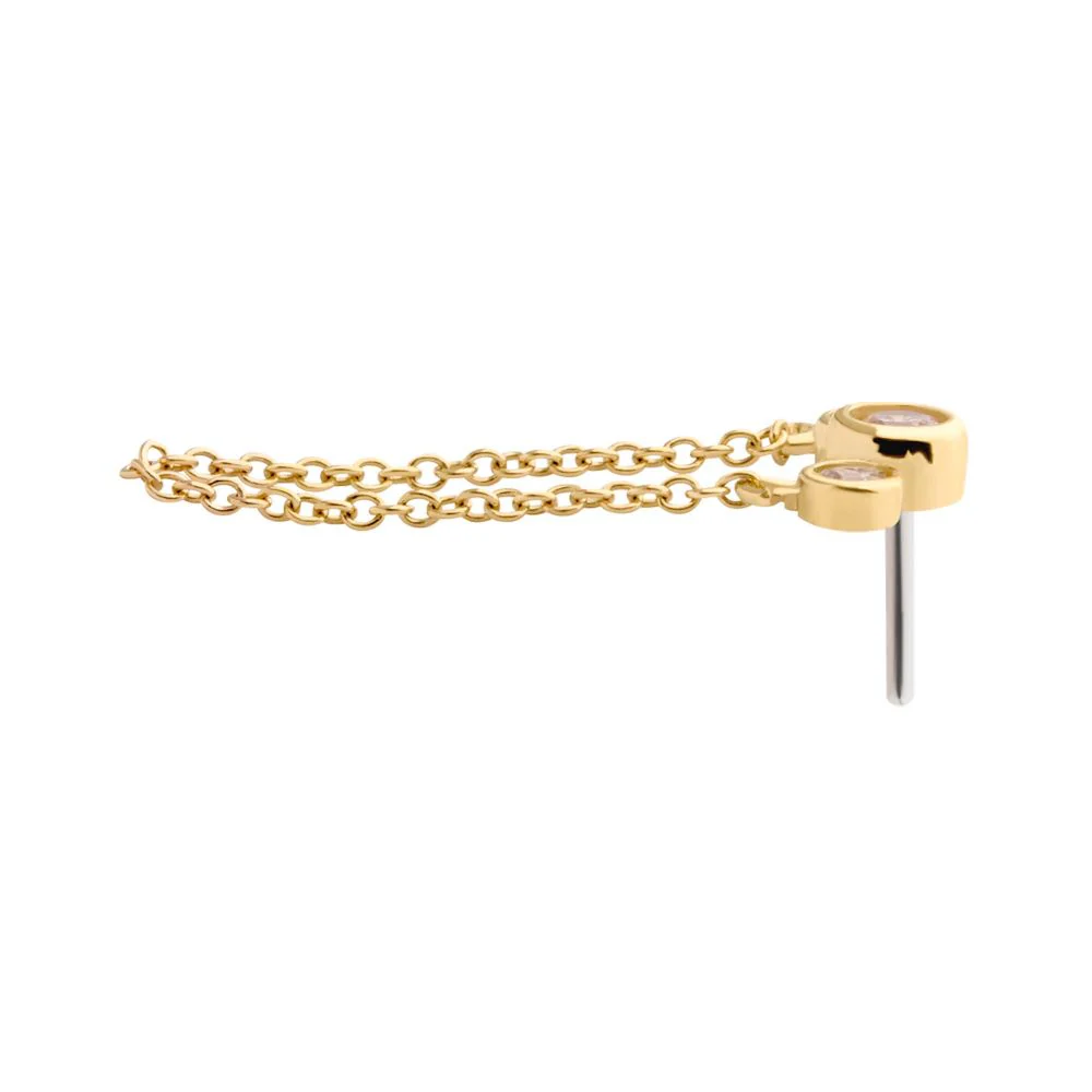 14Kt Yellow Gold Threadless with Bezel Set CZ 3-Cluster Top with Dangling Chain - Image 3