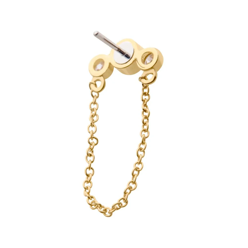 14Kt Yellow Gold Threadless with Bezel Set CZ 3-Cluster Top with Dangling Chain - Image 4