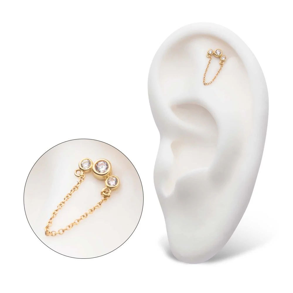 14Kt Yellow Gold Threadless with Bezel Set CZ 3-Cluster Top with Dangling Chain - Image 5