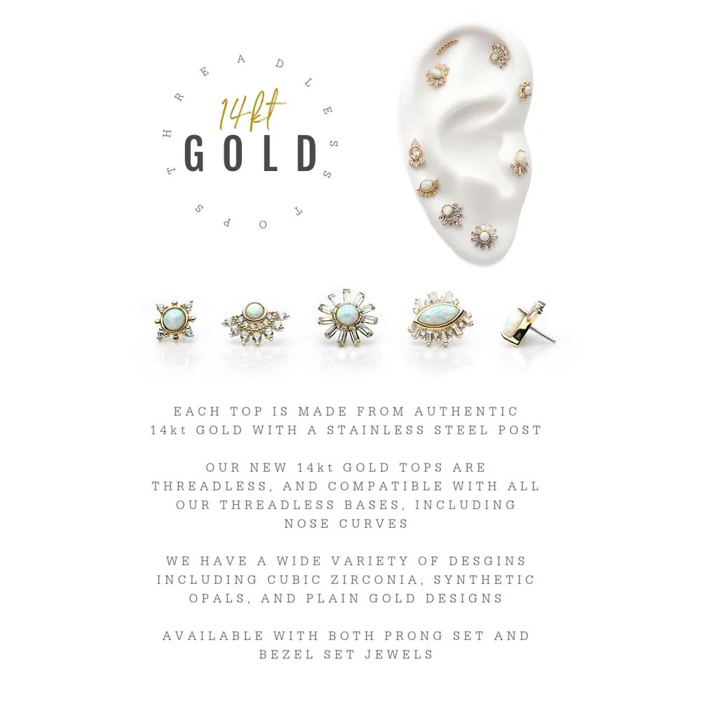 14Kt Yellow Gold Threadless with Marquise White Synthetic Opal, Round & Tapered Baguette Clear CZ Evil Eye Cluster Top - Image 4