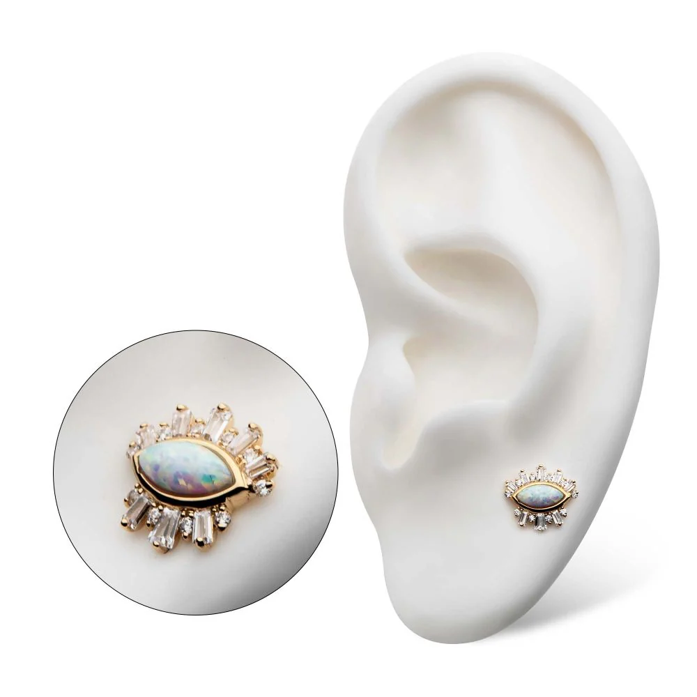 14Kt Yellow Gold Threadless with Marquise White Synthetic Opal, Round & Tapered Baguette Clear CZ Evil Eye Cluster Top - Image 5