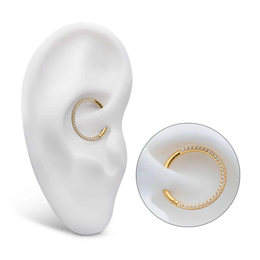 24Kt Gold PVD Titanium 3-Row Pave Set 0.8mm Round Gem Hinged Segment Clicker - Image 5