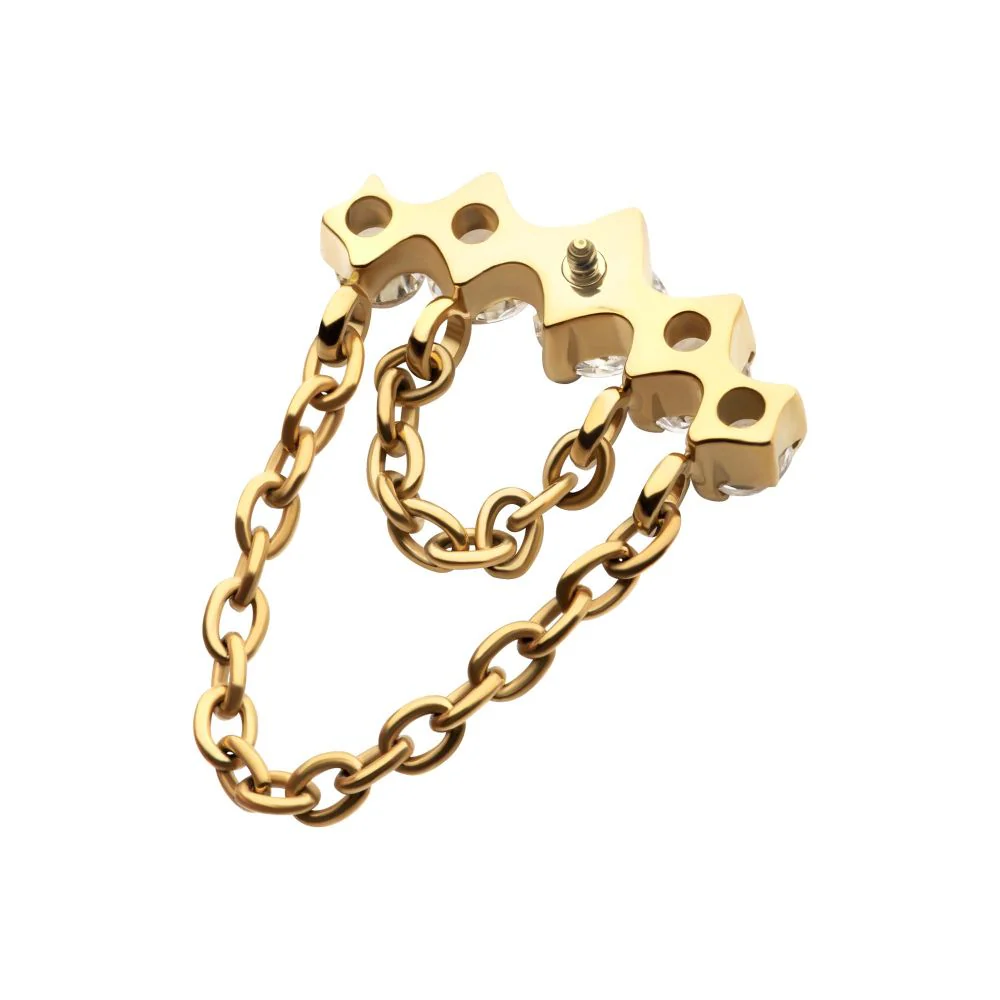 24Kt Gold PVD Titanium Internally Threaded 5-Cluster Round AAA CZ Top with 2 Tier Dangle Chain - Image 3
