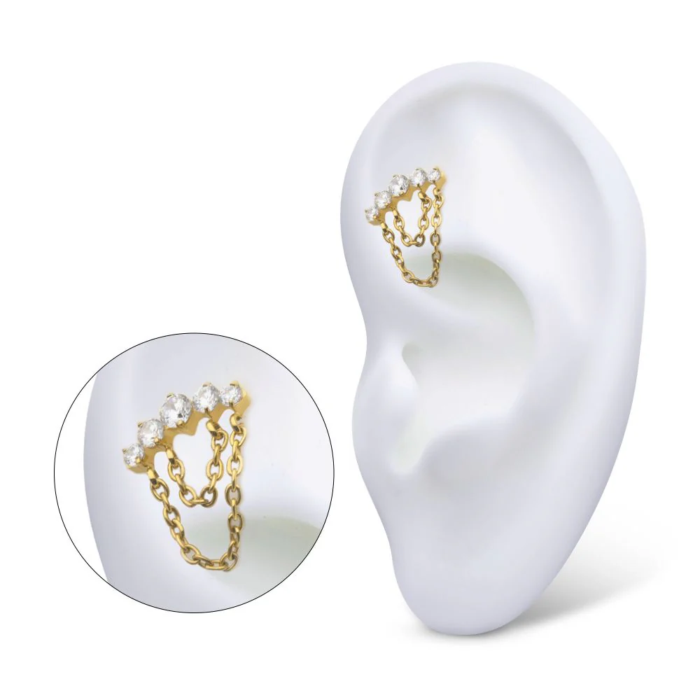 24Kt Gold PVD Titanium Internally Threaded 5-Cluster Round AAA CZ Top with 2 Tier Dangle Chain - Image 4