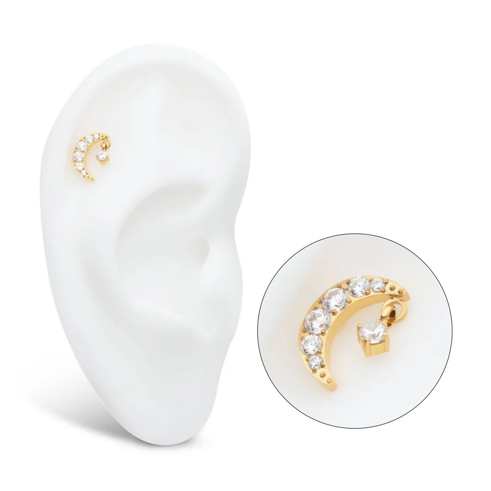 24Kt Gold PVD Titanium Threadless Crescent Moon CZ Top with Dangle Pronged Round CZ - Image 4