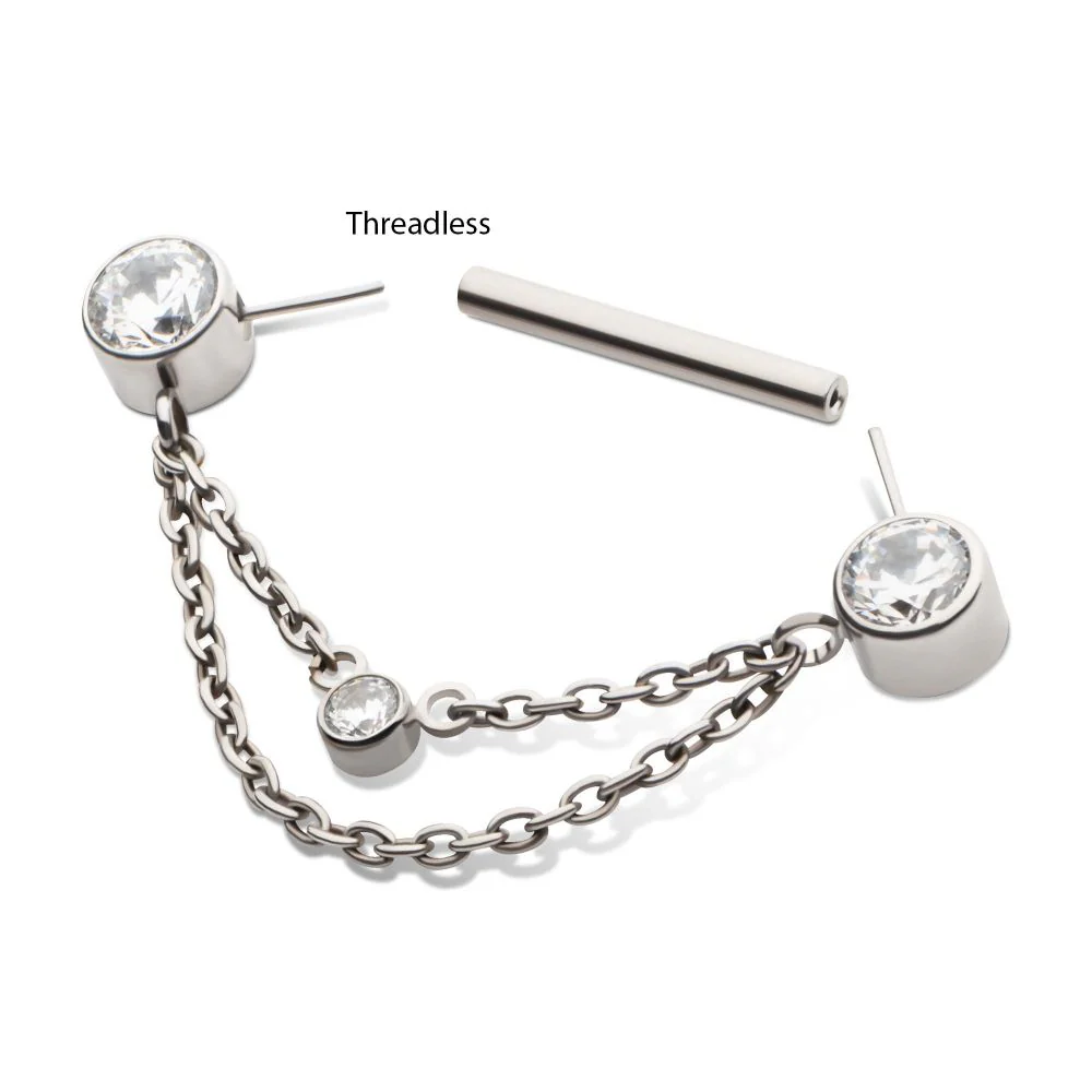 Titanium Threadless Bezel Round CZ Nipple Barbell with 2 Tier Chain | Sold by piece - Image 3