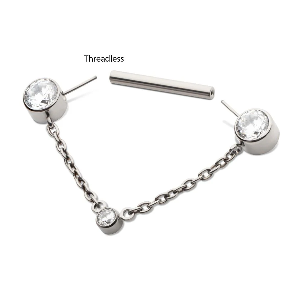 Titanium Threadless Bezel Round CZ Nipple Barbell with Dangle Chain | Sold by piece - Image 3
